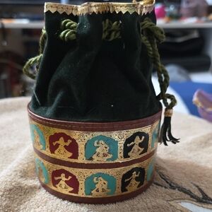 Vtg India Made Black Gold Embossed Leather Sm Handbag Lady Dancers